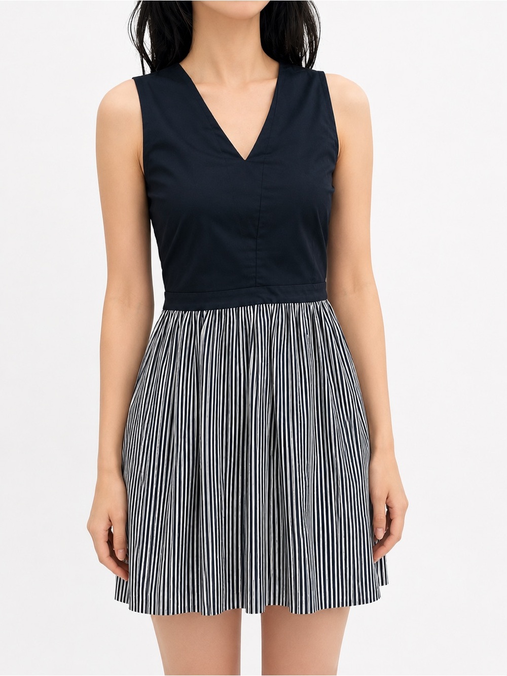 Armani Exchange Navy Sleeveless Fit and Flare Pleated Striped Skirt Mini Dress